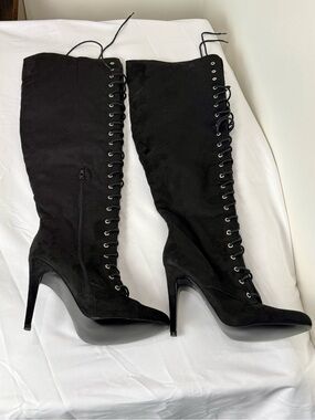 JustFab Black Over Knee Lace Up Stiletto Boots Women’s Size 8.5
